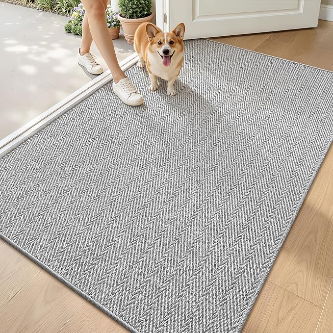 LUMI Ultra Thin Indoor Door Mat for Entrance 48"x72", Non Slip Entryway Mat, Low Profile Doormat, Unique Herringbone Design Carpet for Inside, Patio, Porch, Gray