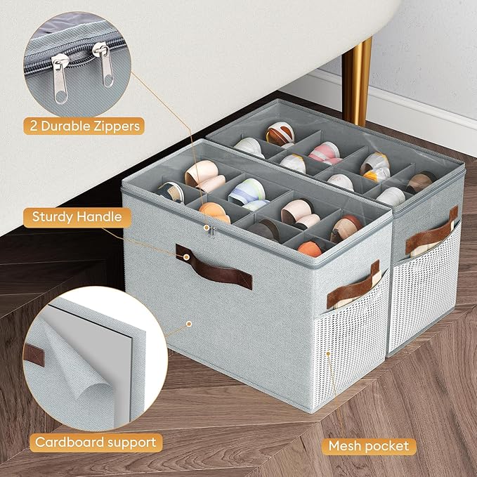 Budding Joy 2 Pack Shoe Organizer for Closet, Clear Foldable Shoe Storage Containers Adjustable Dividers Fits 16 Pairs,Shoe Storage Bins Baskets Boxes with Reinforced Handles Light Grey Greenish Grey