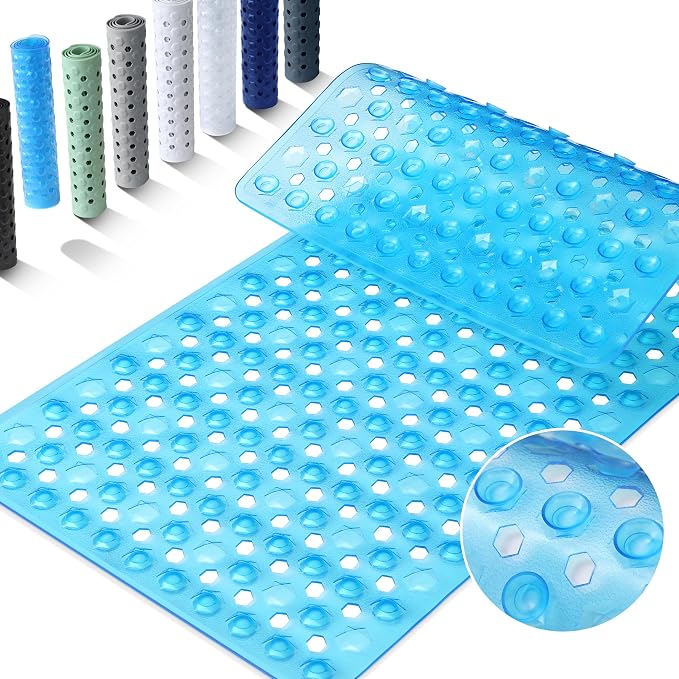 Yimobra Bathtub Mat Non Slip, 34.5"X15.5" Long Shower Mat for Inside Shower, Machine Washable Bath Mat with Drain Holes & Strong Suction Cups, Soft on Feet, Bathroom Essentials, Clear Blue