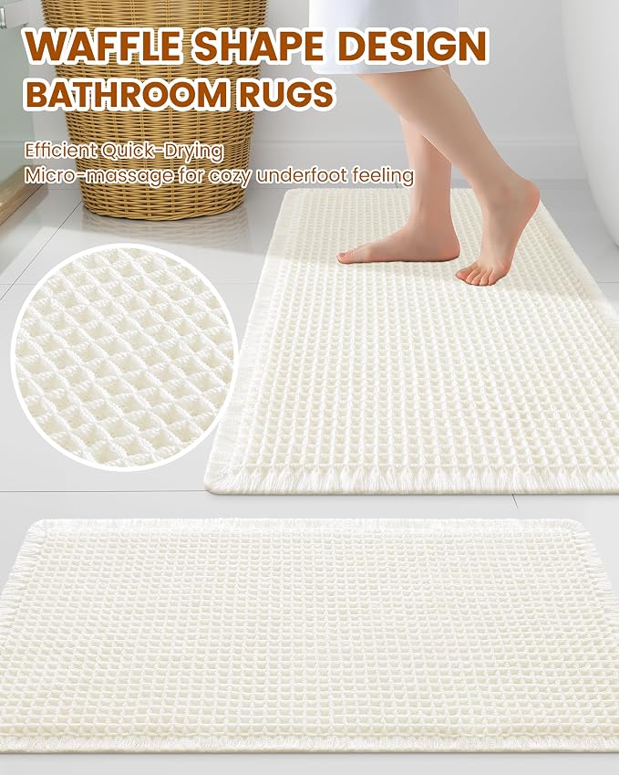Smiry Waffle Bath Mat 36x24, Extra Soft Absorbent Bathroom Rugs, Non Slip Machine Washable Quick Dry Bath Rugs for Bathroom Floor, Tub, Shower, Home Decor Accessories, Cream