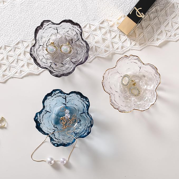 Binoster Blue Flower Glass Ring Dish Jewelry Tray Ring Holder Dish Cute Room Decor Vanity Organizer for Nightstand or Bathroom Aesthetic Trinket Dish Gift for Wife Mom Daughter