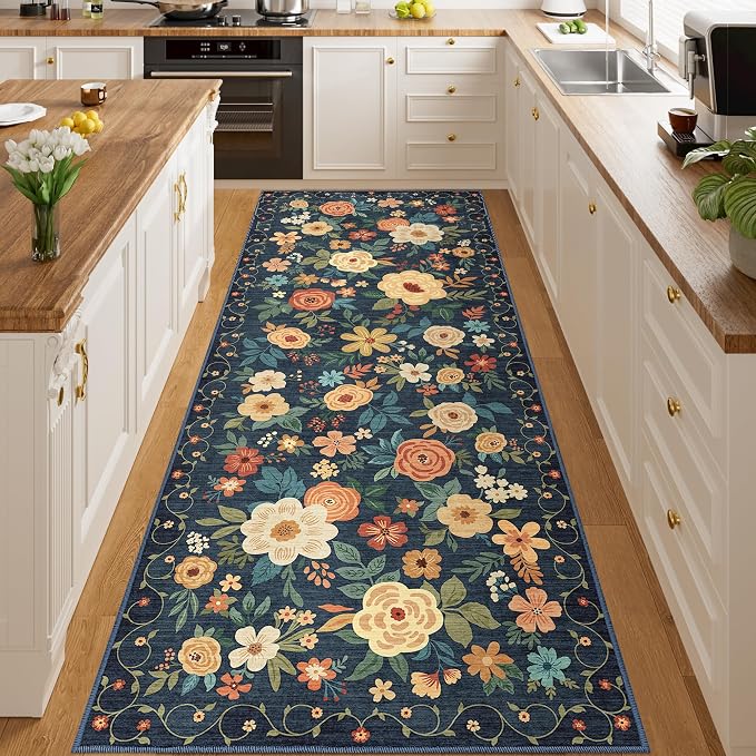 DUKINO 3x8 Runner Rug, Washable Rug for Kitchen with Non Slip Backing, Soft Non Shedding & Low Pile Design Long Floor Carpet Runner for Hallway, Bathroom, Entryway, Laundry, Navy Blue