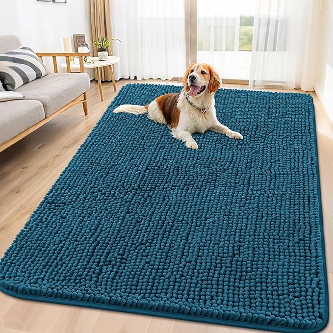 Smiry Dog Door Mat for Muddy Paws 71x46, Absorbent Dirt Trapper, Non-Slip Washable Chenille Entryway Rug for Inside Floor, Atlantic Blue, Classic Solid