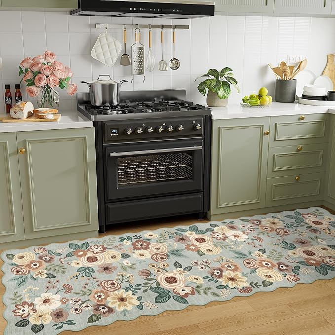 DUKINO 2x10 Runner Rug for Hallway, Washable Kitchen Rug with Non Slip Backing & Non-Shediing, Soft Low Pile Floral Design Runner for Bedroom, Kithchen, Living Room, Laundry, Bathroom, Sage Green