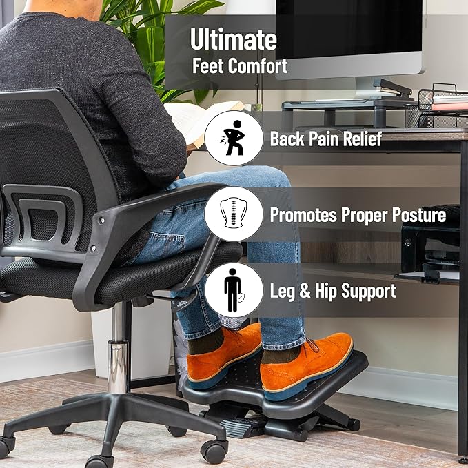 Mind Reader Adjustable Foot Rest with Elastomer Pad for Comfort and Support, Ergonomic Foot Platform, Height Adjustable, Black