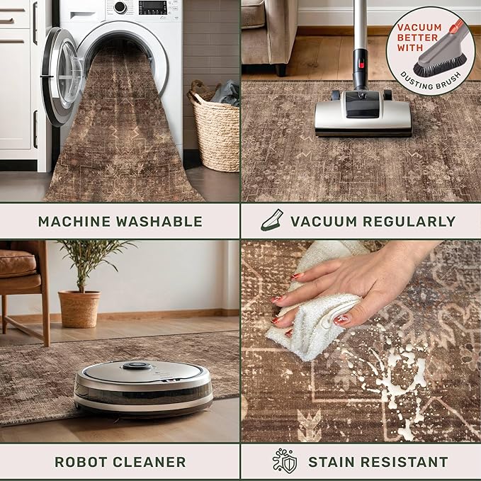 Hazo Haus Neutral Boho Washable 3x16 Extra Long Hallway Runner Rug, Brown Waterproof Large Kitchen Floor Rug Indoor, Non-Slip Stain & Fade Resistant, Vintage Dark Earthy Taupe Décor (3x16 Brown)