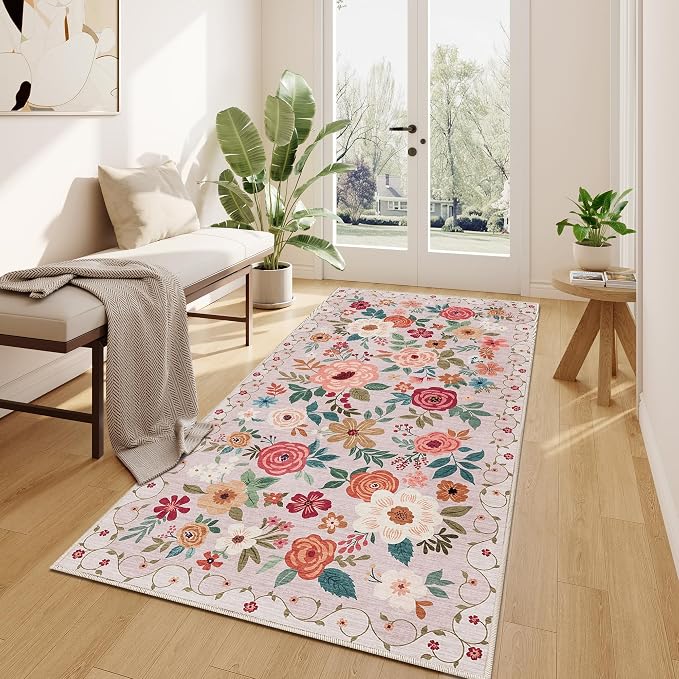 DUKINO 3x6 Runner Rug, Washable Soft Floral Hallway Runner Rug with Non Slip, Low Pile Thin Floor Carpet for Kitchen, Bathroom, Entryway, Laundry, Entryway, Beige
