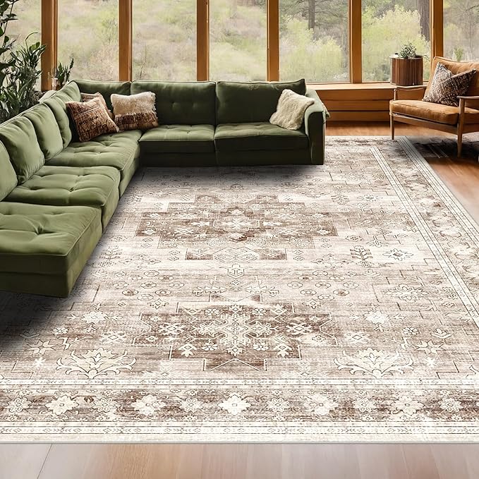 Boho Beige Rug for Living Room - Washable 10x12 Area Rug, Dining Room Rugs for Under Table, Soft Low Pile Carpet for Bedroom - Farmhouse Decor, Non-Slip & Stain Resistance (10x12 Beige/Latte)