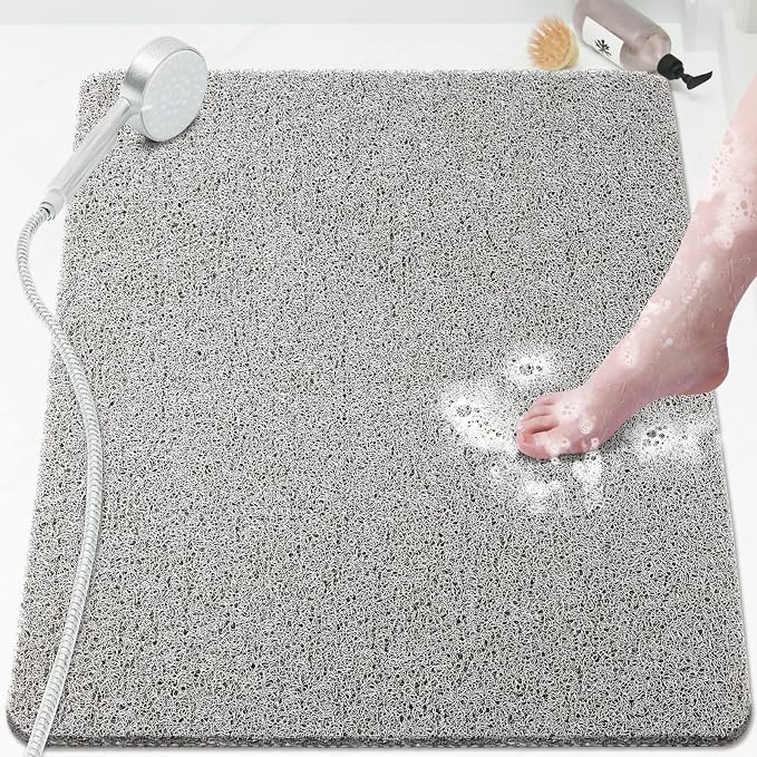 Shower Mat Bathtub Mat Non-Slip,32x24 inch, Soft Tub Mat with Drain,PVC Loofah Bath Mat (Phthalate Free) for Tub and Bathroom,Quick Drying,Grey