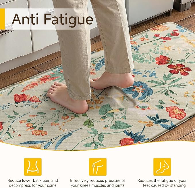 PureCozy Kitchen Mats 2PCS Anti Fatigue Cushioned Mat Non Slip Floral Boho Kitchen Mats for Floor Waterproof Comfort Standing Beige Rug for Sink Laundry Office Desk 17.3"x47"+17.3"x30"