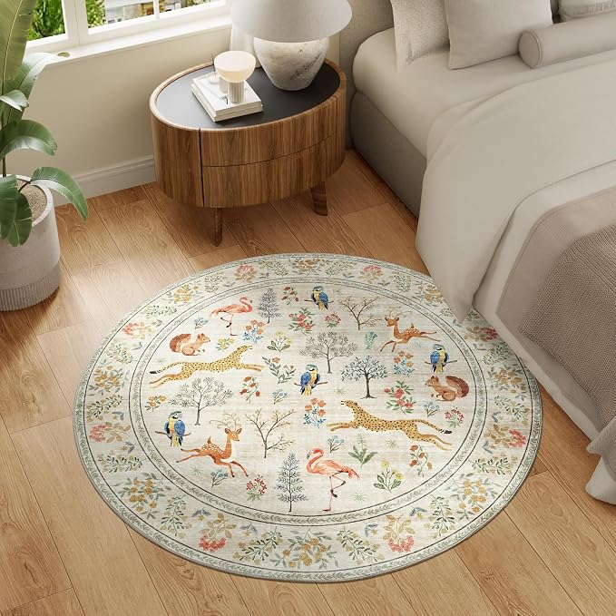 DUKINO 4ft Round Rug, Washable Round Area Rug, Non Slip Indoor Low Pile Animal Design, Soft Small Vintage Circle Carpet for Bedroom, Entryway, Living Room, Dining Room, Beige