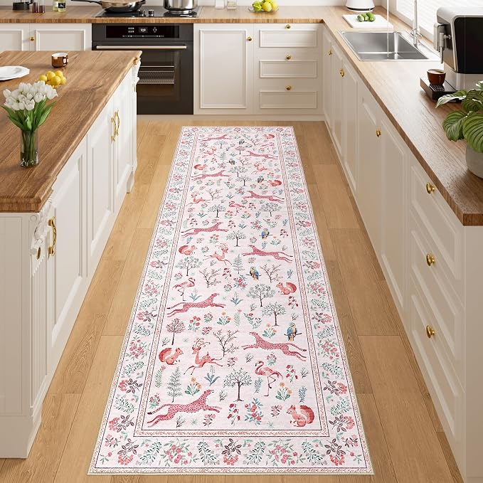 DUKINO 2.6x8 Rug for Hallway, Washable Kitchen Runner Rug with Non Slip Backing, Soft Low Pile Vintage Animal Runner for Bedroom, Kitchen, Hallway, Entryway, Laundry, Pink