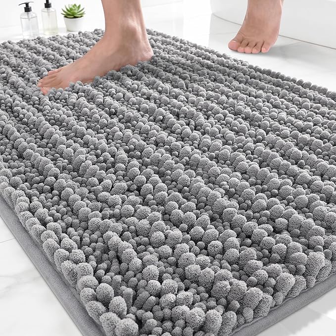 Yimobra Bathroom Rugs Non-Slip Washable – Extra Soft & Absorbent Chenille Bath Mat, Quick-Dry Plush Shaggy Floor & Vanity Bath Rugs for Tub & Shower, Modern Home Decor Accessories, 24 x 17, Grey