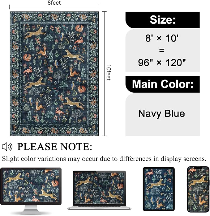 DUKINO 8x10 Rug, Washable Animal Living Room Rug with Non Slip Vintage Design, Soft Low Pile Large Carpet for Bedroom, Nursery, Dining Room, Farmhouse, Playroom, Navy Blue