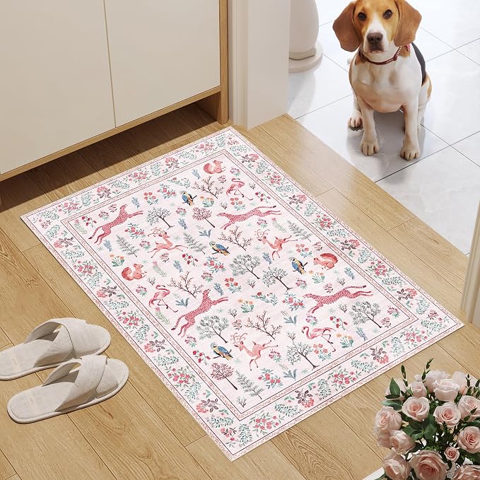 DUKINO 2x3 Rug, Washable Animal Rugs for Entryway, Non Slip Indoor Door Mat, Soft Low Pile Small Area Carpet for Entrance, Bedroom, Kitchen, Laundry, Bathroom, Pink