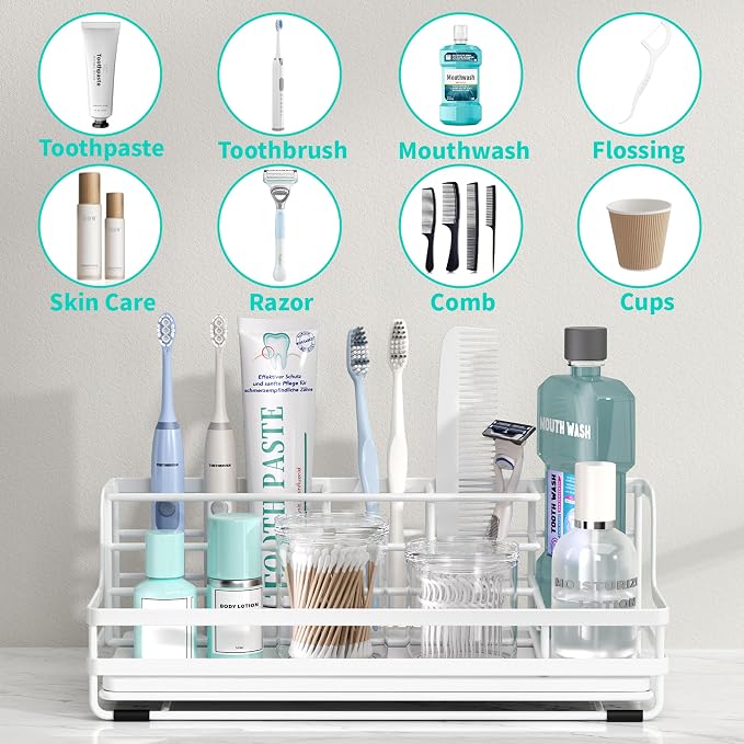 HapiRm Toothbrush Holders for Bathroom - 5 Partitions Bathroom Counter Organizer with Instant Drying Stone, Stainless Steel Countertop Storage Electric Toothbrush Toothpaste Holder - White