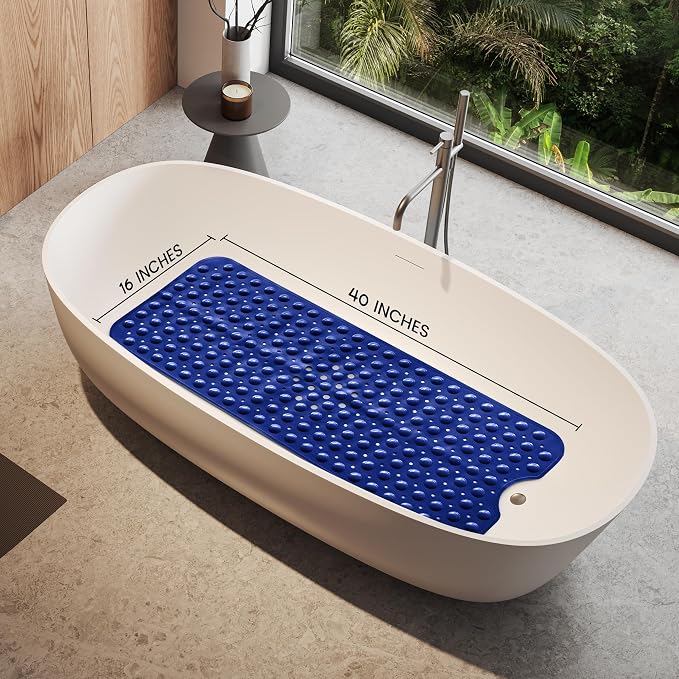 LUX Décor Non-Slip Bathtub Mat, Extra Large 40x16 Inches – Anti-Slip Safety Shower Mat with Suction Cups & Drain Holes – Machine Washable Bath Mat – Navy