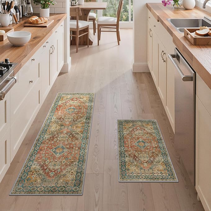 GENIMO Kitchen Rugs Non Slip Washable, 2PCS Kitchen Mats for Floor, Cushioned Standing Mat, Kitchen Runner Rug Floor Mat for Kitchen Decor, Laundry, Sink, Entryway, Home, 20"x32"+20"x59", Retrobrick
