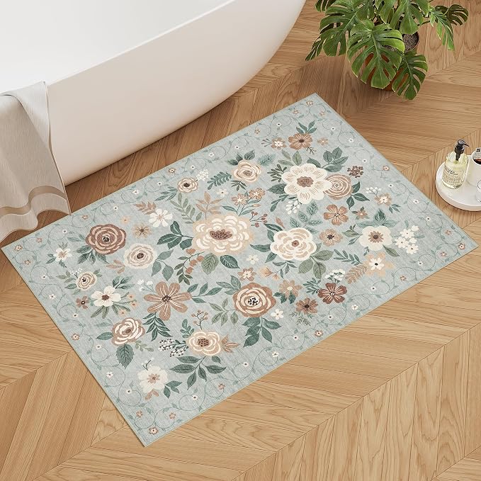 DUKINO 2x3 Rugs for Entryway, Floral Indoor Washable Door Mat, Non Slip Boho Small Rug for Kitchen, Soft Low Pile, Front Door Throw Rug for Entrance, Bedroom, Kitchen, Laundry, Bathroom, Sage Green