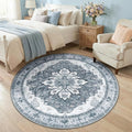 RELEANY Area Rugs Round 5ft Washable Non-Slip, Floral Vintage Distress Medallion Carpet for Living Room Bedroom Dining Room, Light Gray Grey White