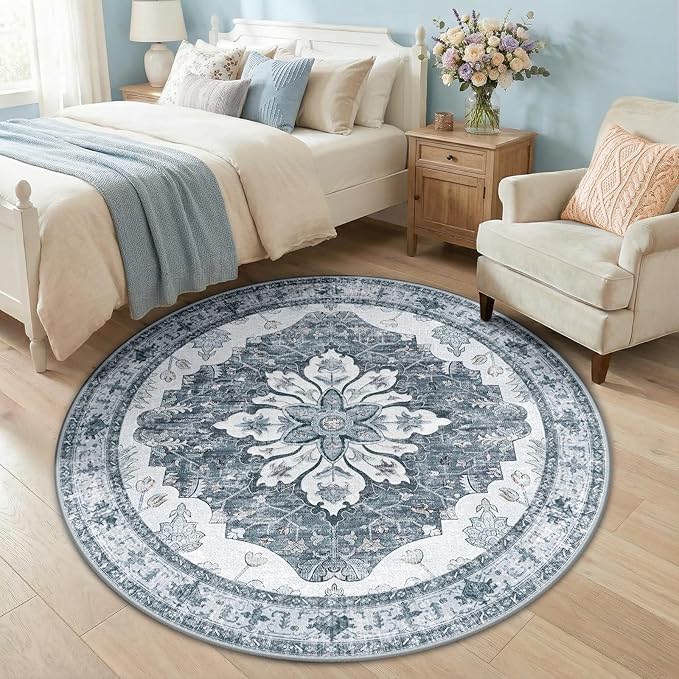 RELEANY Area Rugs Round 5ft Washable Non-Slip, Floral Vintage Distress Medallion Carpet for Living Room Bedroom Dining Room, Light Gray Grey White