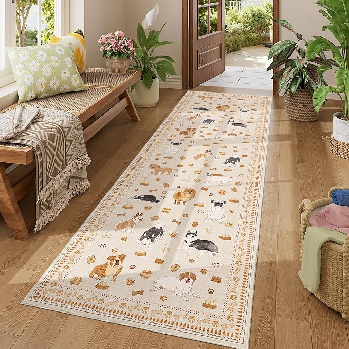 DUKINO 2.6x8 Washable Runner Rug for Hallway, Non Slip Animal Dog Kitchen Rug with Low Pile Design, Soft Stain Resistant Indoor Carpert Runner for Entryway, Bedroom, Laundry, Bathroom, Beige Yellow