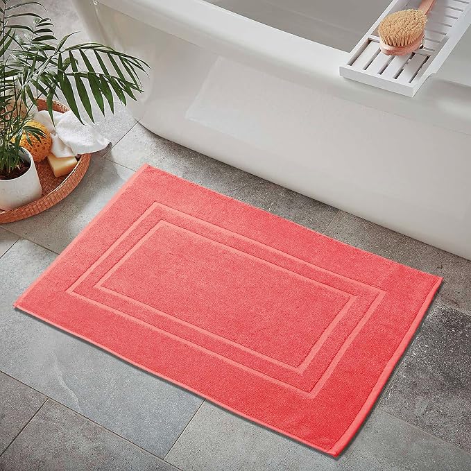 Feather & Stitch 2 Piece Towel Like Bath Mats (30x21 Inch) 100% Cotton Terry Bath Mat, Bathroom Shower Floor Mat [NOT A Bathroom Rug], Soft Absorbent Washable Mats - Coral