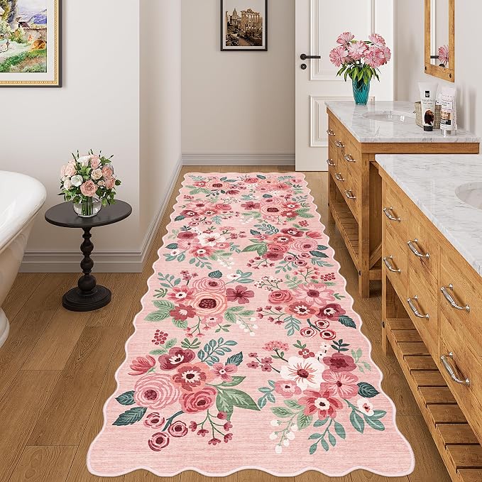DUKINO 3x8 Washable Runner Rug, Soft Indoor Floral Non Slip Long Runner Rug for Hallways, Lightweight & Low Pile Floor Carpet for Kitchen, Entryway, Hallway, Bathroom, Laundry, Bedroom, Pink