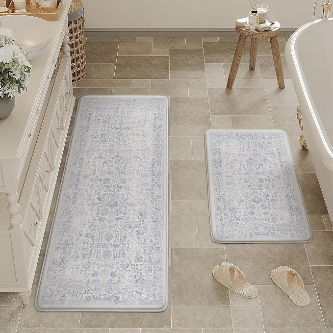 PureCozy Kitchen Mats 2PCS Anti Fatigue Cushioned Mat Light Blue Vintage Kitchen Mats for Floor Waterproof Non Slip Comfort Standing Retro Floral Rug for Sink Laundry Office 17.3"x59"+17.3"x30"