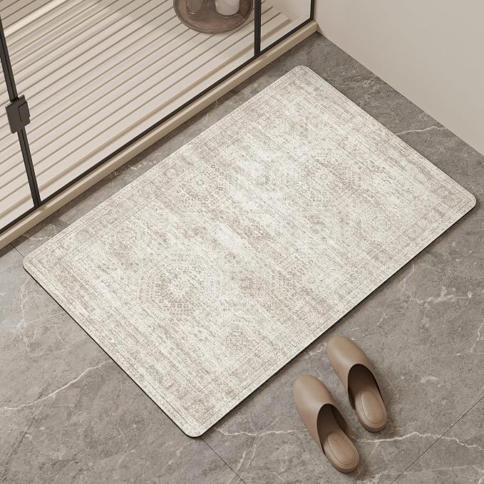 Mecko Bath Mat, Ultra Absorbent Quick Dry Bathroom Floor Mats-Rubber Non-Slip Thin Bathroom Rug Fit Under Door, Faux Suede Surface Shower Rug for Bathtub, Sink, Shower Room(Beige/Brown,20"x32")