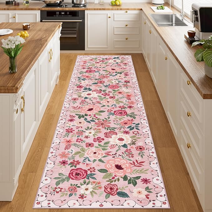 DUKINO Runner Rug for Hallway, 2.6x10 Washable Floral Long Kitchen Rug with Non Slip Backing, Lightweight & Stain Resistant Soft Runners for Indoor Entrance, Laundry, Living Room, Bedroom, Pink
