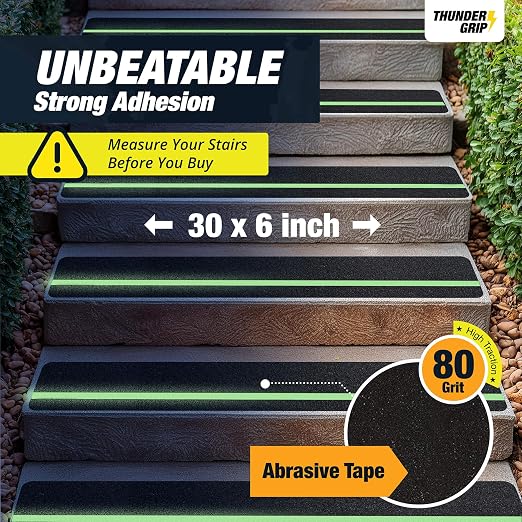 THUNDER GRIP Glow in the Dark 30" x 6"-12-Pack Weather Resistant Outdoor Stair Treads 80-Grit