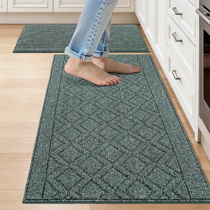 COSY HOMEER Kitchen Rugs Sets 2PCS,Non-Slip Washable Kitchen Mats for Floor,Absorbent and Stain Resistant Kitchen Runner Rugs for Kitchen Sink Laundry Entryway,20"x30"+20"x48",Heather Green