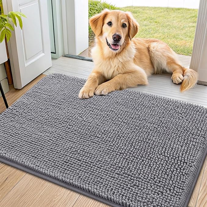 Smiry Dog Door Mat for Muddy Paws 34x21, Absorbent Dirt Trapper, Non-Slip Washable Chenille Entryway Rug for Inside Floor, Grey, Classic Solid