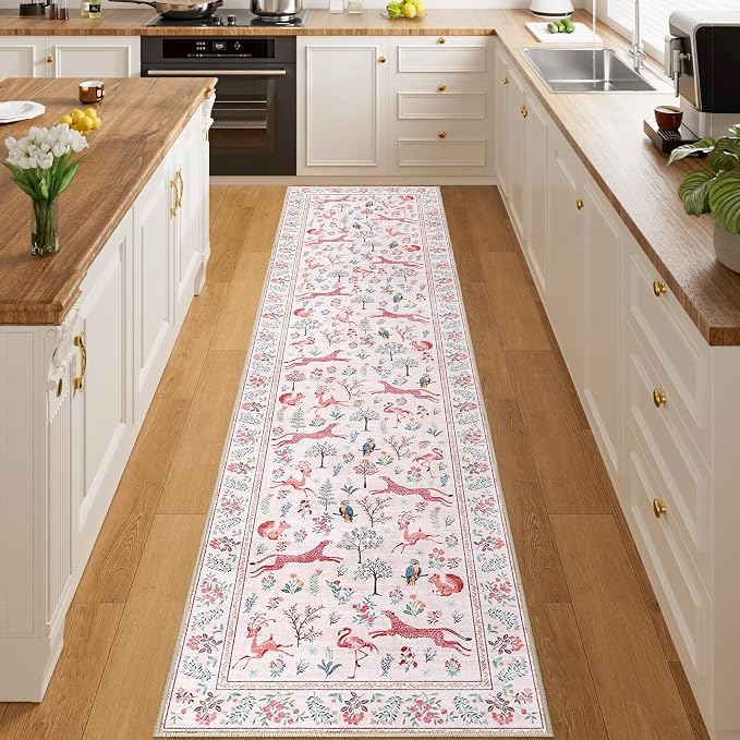 DUKINO Runner Rug, 2x8 Washable Kitchen Rugs for Hallways with Non Slip Backing, Soft Low Pile Vintage Animal Runner for Kitchen, Hallway, Entryway, Laundry, Bedroom, Pink