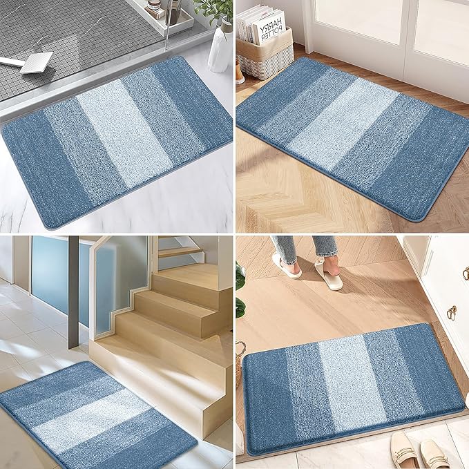 Kitinjoy Indoor Outdoor Door Mat, 59x24 Non-Slip Absorbent Dirt Trapper, Low-Profile Washable Inside Entrance Front Floor Mat, Sturdy Soft Entry Doormats for Entryway, Light Blue