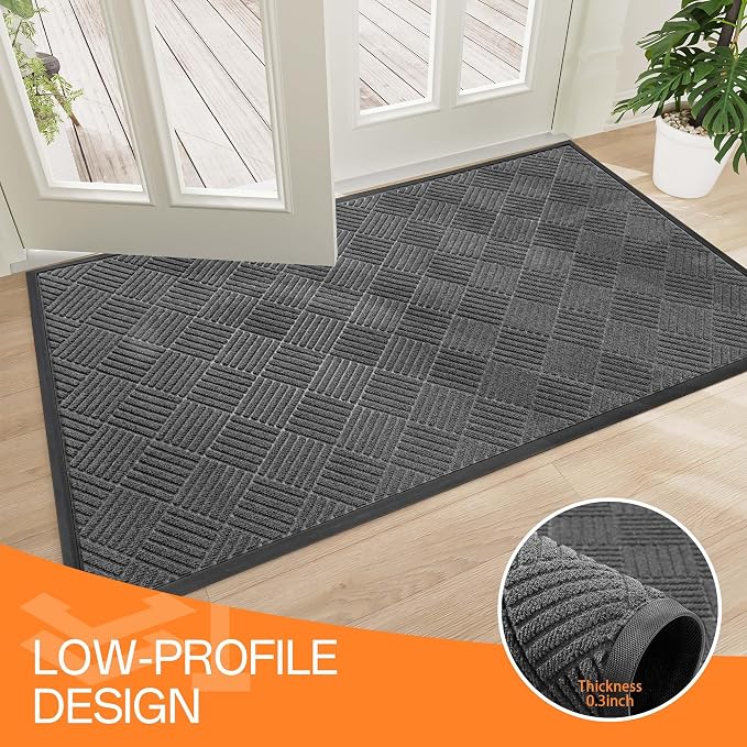 Indoor Outdoor Door Mat, 4’x 3' Doormat for Entryway, Rubber Backing Non Slip Front Door Mat Outside Entrance, Super Absorbent Commercial Floor Mat for Home Office, Gray