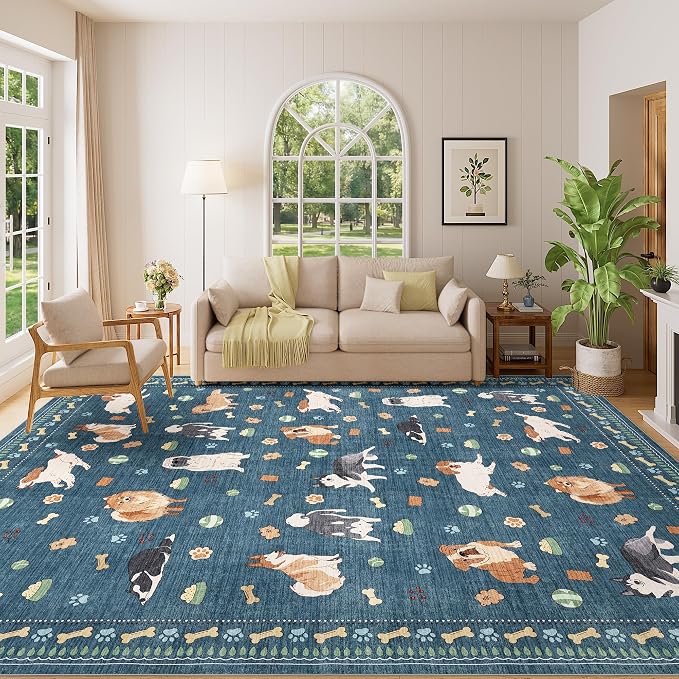 DUKINO 8x10 Area Rug, Non Slip Washable Animal Dog Rug for Living Room, Stain Resistant & Low Pile Indoor Floor Large Carpet for Bedroom, Farmhouse, Nursery, Dining Room, Kids Playroom, Blue