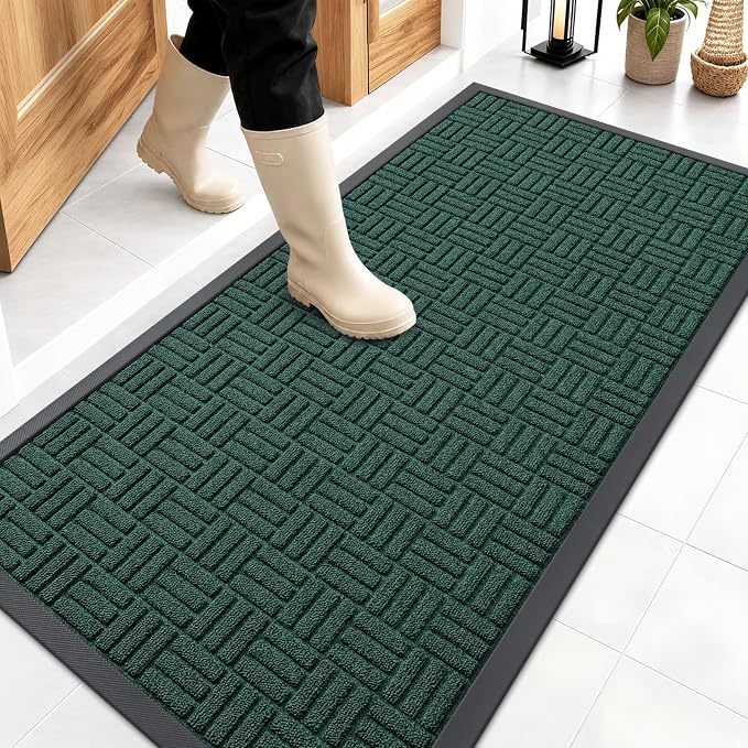 OLANLY Front Door Mat Outside Entrance 47x23, Absorbent, Heavy Duty Sturdy Natural Rubber Doormat Indoor Outdoor, Non-Slip, Stain and Fade Resistant, Low Profile Floor Mat for Entryway, Black Green