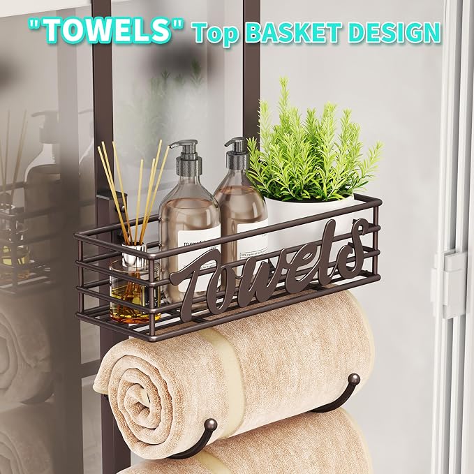 HapiRm Towel Racks for Bathroom Storage - 9 Tier Over The Door & Wall Mount Rolled Towel Storage Organizer Holder with Metal Shelf Basket for Small Bathroom, Camper, Rv - Bronze, Patented