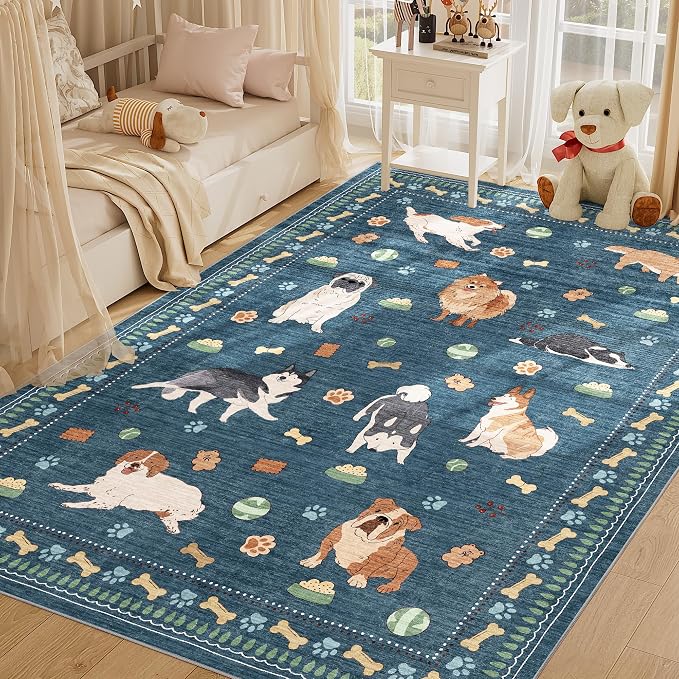 DUKINO 5x7 Rug for Living Room, Lightweight Animal Dog Print Washable Area Rug, Soft Non Slip & Low Pile Floor Mat, Stain Resistant Large Carpet for Bedroom, Nursery, Dining Room, Kids Playroom, Blue