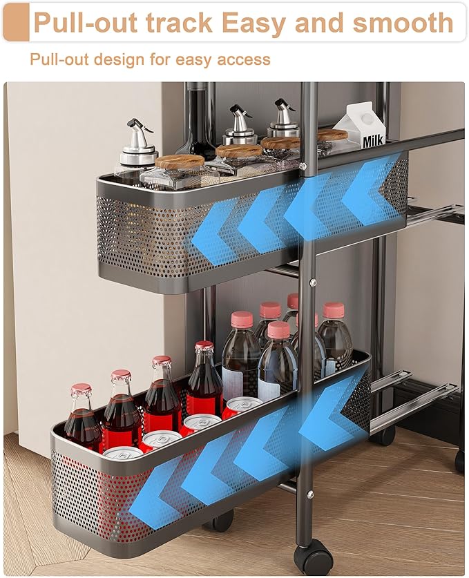 UMDONX Slim Storage Cart 5 Tier with Pull Out Basket Bathroom Organizer Rolling cart, Rolling Utility Cart Slide Out Organizer for Kitchen, Bathroom, Laundry Black