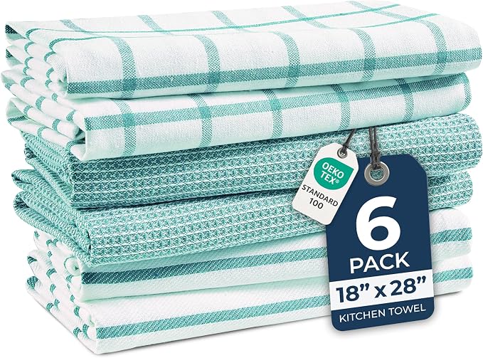 LANE LINEN Cotton Kitchen Towels and Dish Cloths Set, 6-Pack – Absorbent, Quick-Drying Dish Towel, 18" x 28", Soft, Premium Hand and Tea Towels - Aqua
