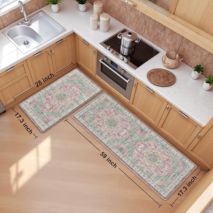 Boho Kitchen Mats for Floor 2 Piece Set Anti Fatigue Cushioned PVC Kitchen Rugs Non Slip Waterproof Farmhouse Mats 2/5 Inch Comfort Standing Mat for Sink, Laundry, 17.3"x59"+17.3"x28", Green Pink