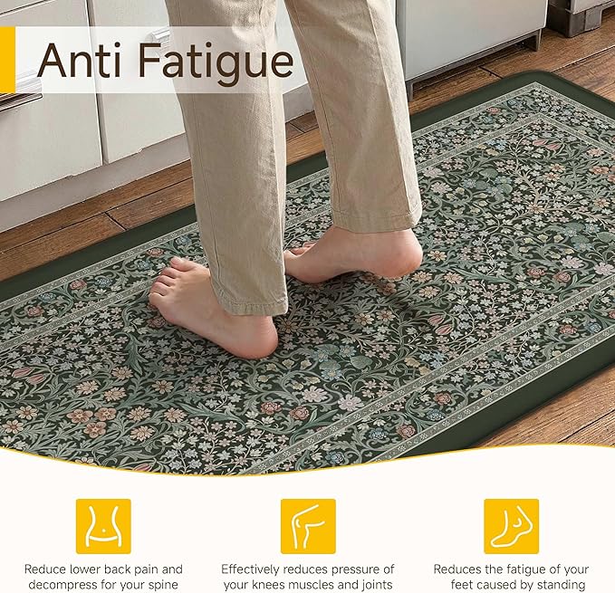 Kitchen Mats for Floor Thick Anti Fatigue Waterproof Vintage Spring Floral Kitchen Rugs 2PCS Cushioned Non Slip Black Green Comfort Standing Mats for Sink Laundry Office 17.3"×47"+17.3"×30"