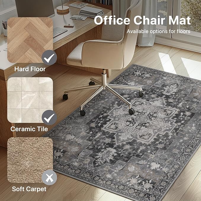 36"x60" Office Chair Mat for Hardwood Tile Floor, Under Desk Carpet Protector for Rolling Computer Chair Mat, Machine Washable Area Rug, Anti-Slip 1/5" Thick Low Pile Thin Vinyl Floor Mat, Black