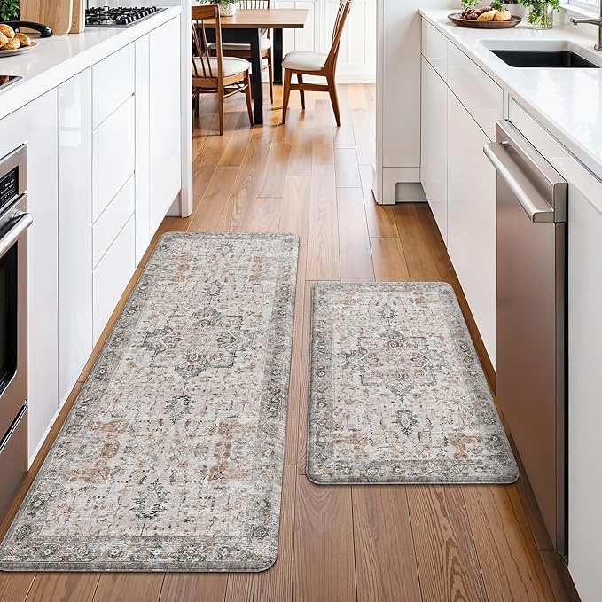 GENIMO Kitchen Mats for Floor 2PCs, Washable Anti Fatigue Mat for Cushioned, 20"x48"+20"x32", Waterproof Kitchen Rugs, Non Slip Comfort Standing Mat Rug for Home, Sink, Laundry, LightTaupeBrown