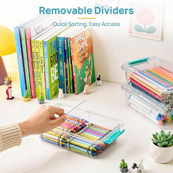 Vtopmart 8 Pack 1.5Qt Clear Small Storage Containers with Lids, Stackable Plastic Organizer Boxes with Removable Divider for Pens, Pencils, Crayons, Markers, Craft Supplies and Small Items