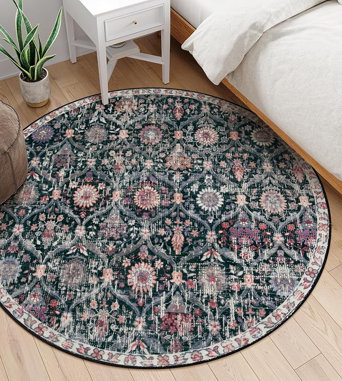 Lahome Moroccan Trellis Washable Round Area Rug, Soft Round Rugs 6ft Ultra-Thin Non-Slip, Vintage Large Circle Carpet for Bedroom Living Room Kitchen Nursery Elise, Black/Multi
