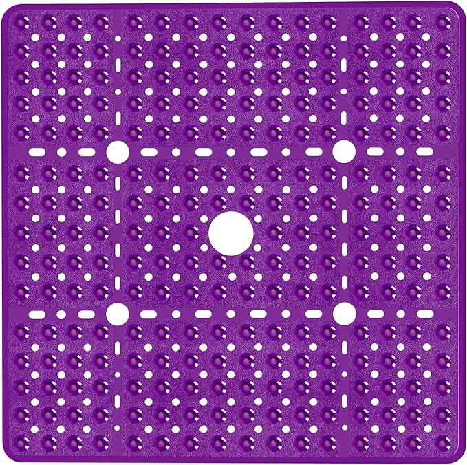Large Square Shower Mat 27 x 27 Inch Clear Purple, Non Slip Shower Bathtub Mats for Inside Shower With Big Suction Cups Drain Holes, Anti Slip Bathroom Floor Stall Mats, Easy Clean, BPA-Free